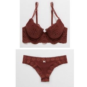 Aerie Lace Power Plunge Push Up Bra & Panty Set in Rust - 30A/Small